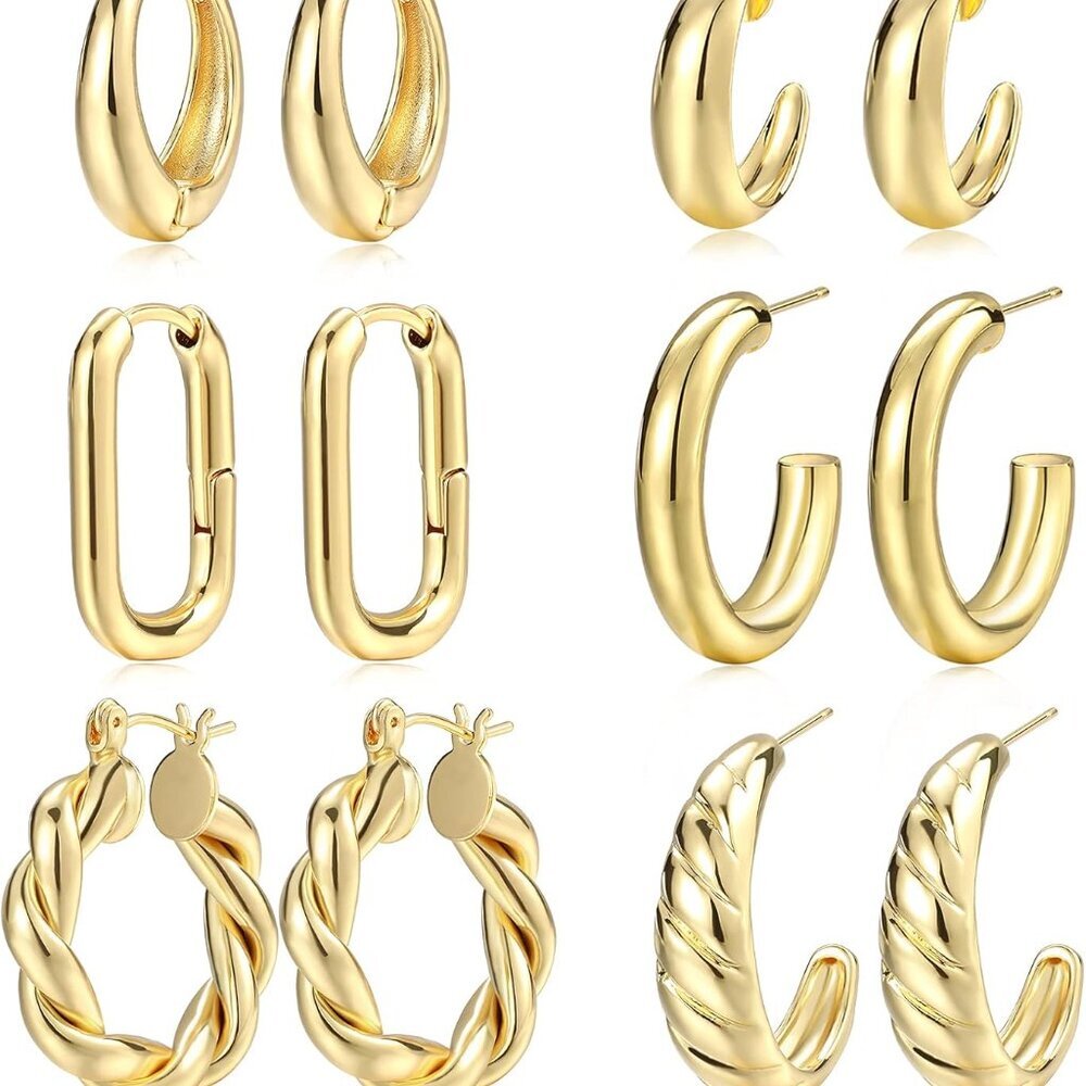 Gold Hoop Earrings Set for Women, 6 Pairs 14K Gold Plated Lightweight Hypoallerg